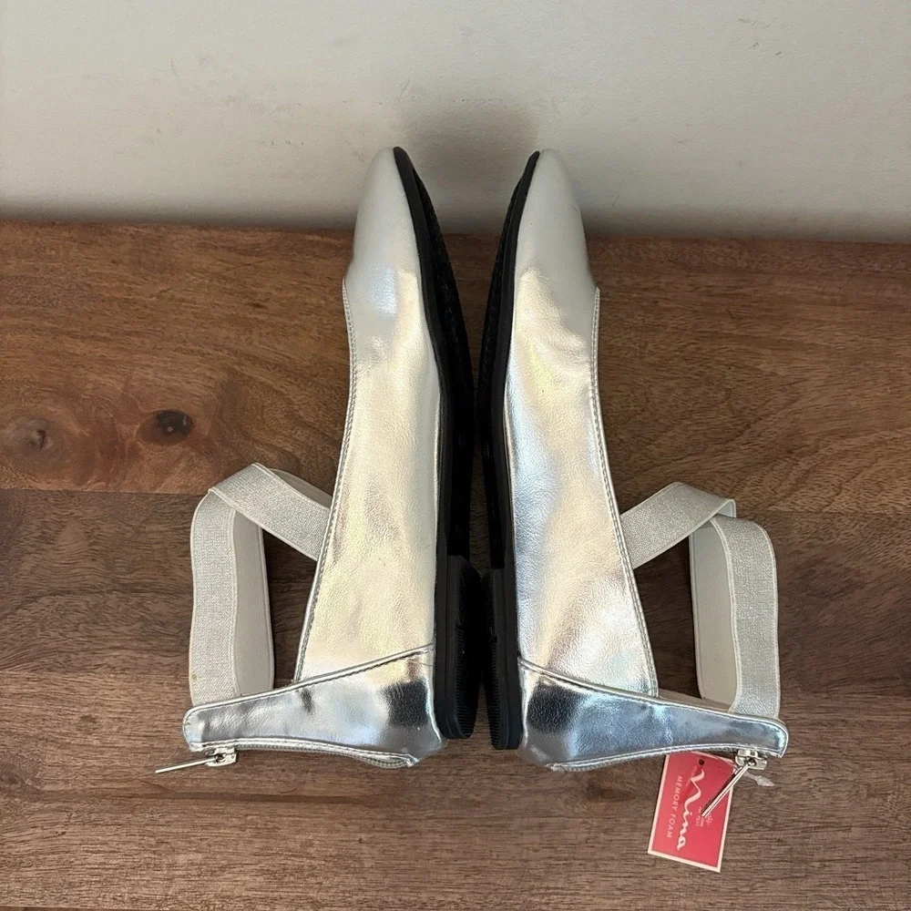 Nina Girls Dress Shoes Ballet Flats Silver Metallic Leather Marissa Size 5 NEW